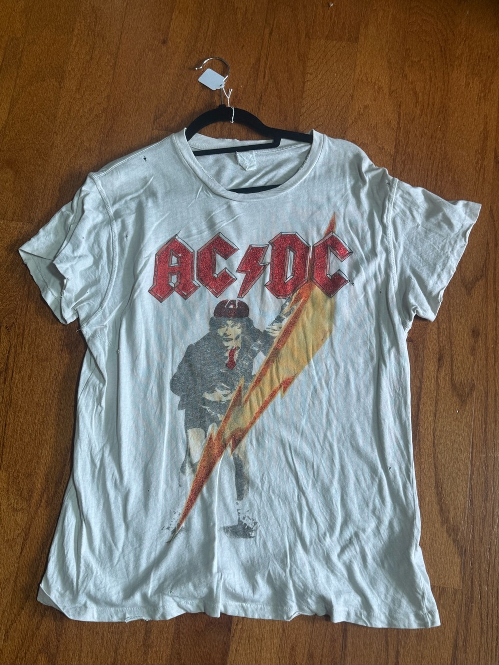 MadeWorn AC/DC Graphic Tee in White with Red and Yellow Lightning